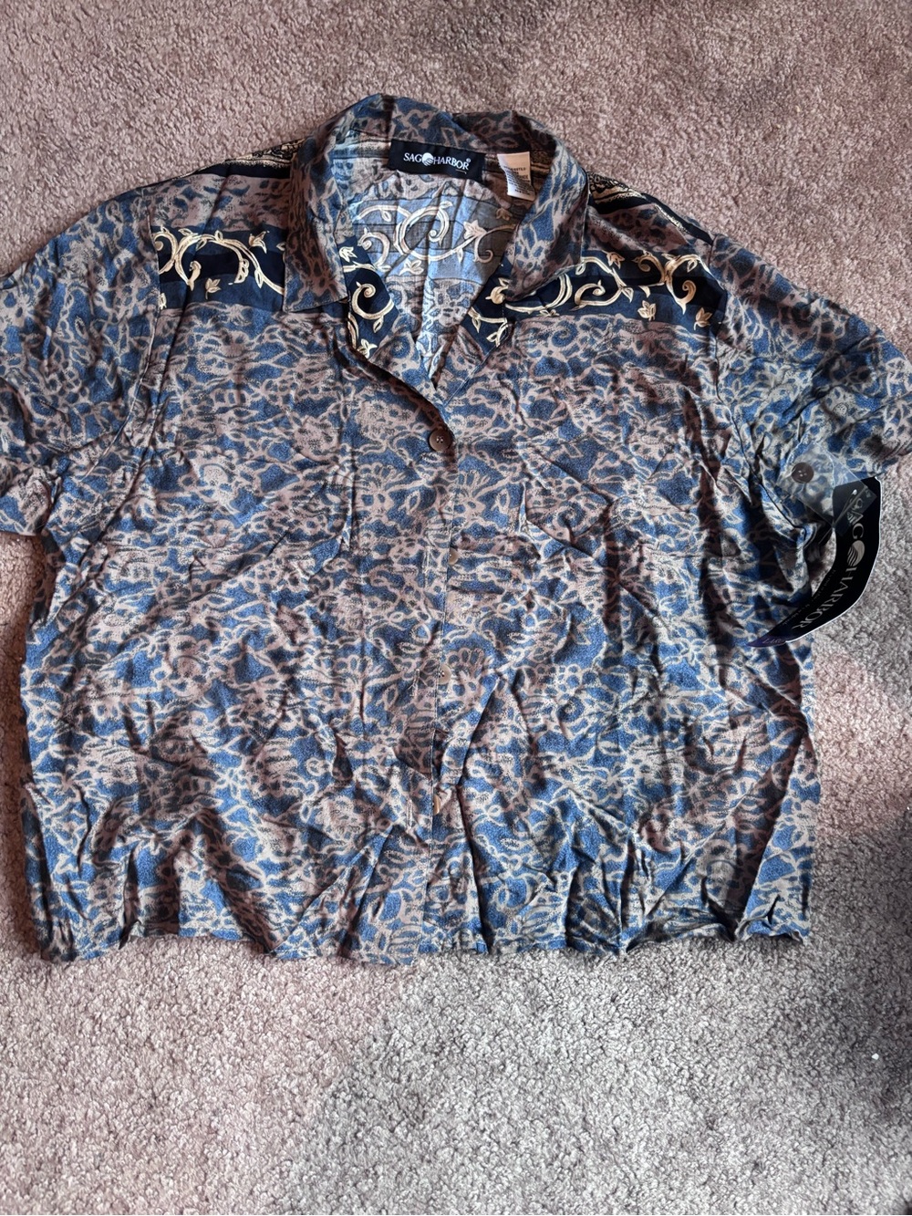 Sag Harbor Blue and Tan Patterned Button-Down Shirt